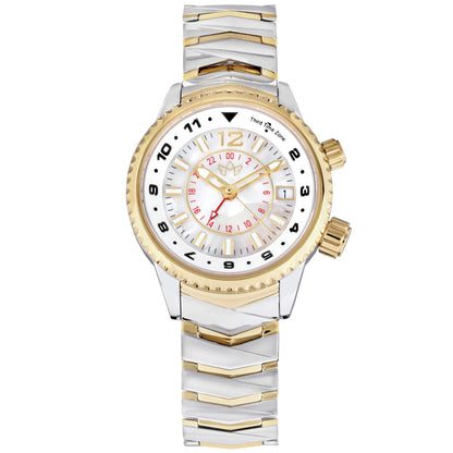 Elise Women's Two-Tone Watch with White Mother-of-Pearl Dial and 3 Time Zones