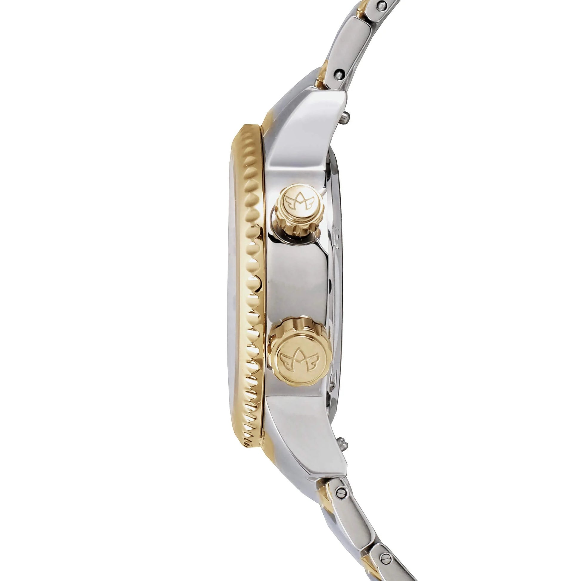 Elise Two-Tone Watch Side Profile – Gold Crown and Bezel with Polished Stainless Steel Case