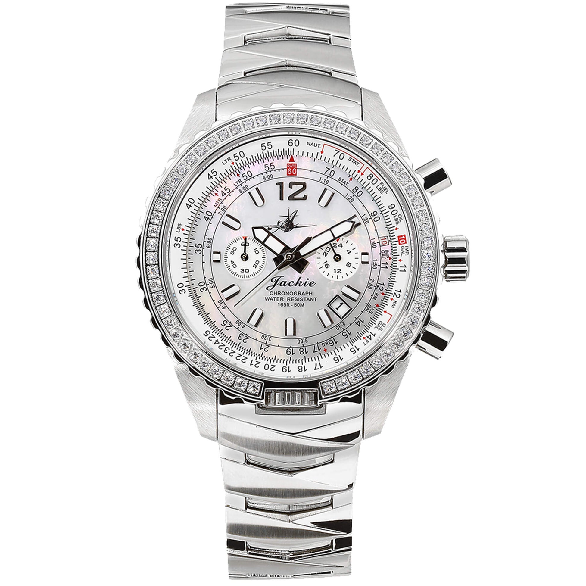 Jackie Women’s Pilot Watch with Dreamy White Mother-of-Pearl Dial, Swarovski Crystal Bezel, Chronograph Subdials, and Stainless Steel Band