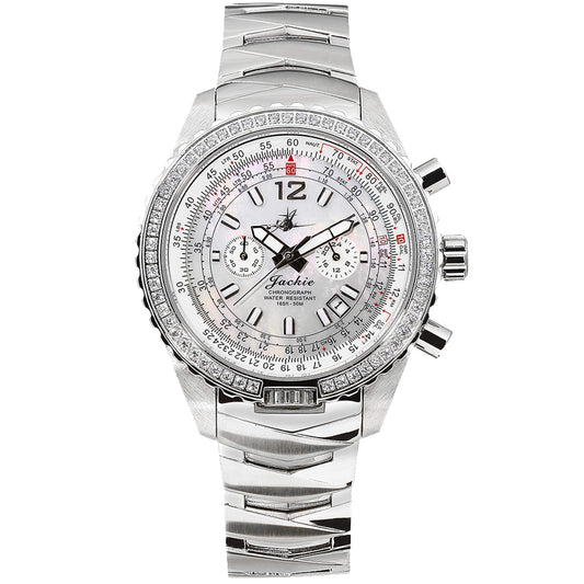 Jackie Women’s Pilot Watch with Dreamy White Mother-of-Pearl Dial, Swarovski Crystal Bezel, Chronograph Subdials, and Stainless Steel Band