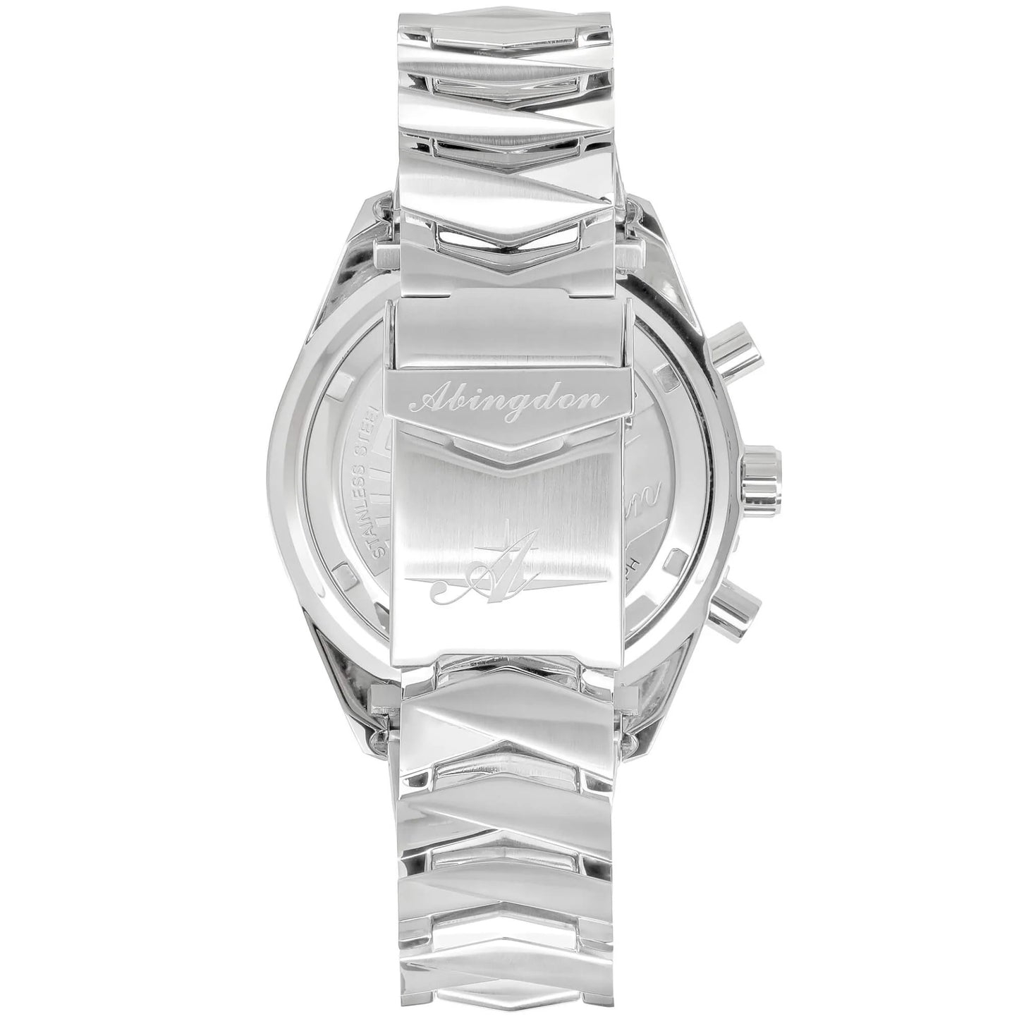 Back View of Jackie Dreamy White  Women’s Pilot Watch Featuring Engraved Abingdon Stainless Steel Bracelet and Case Back with Chronograph Pushers