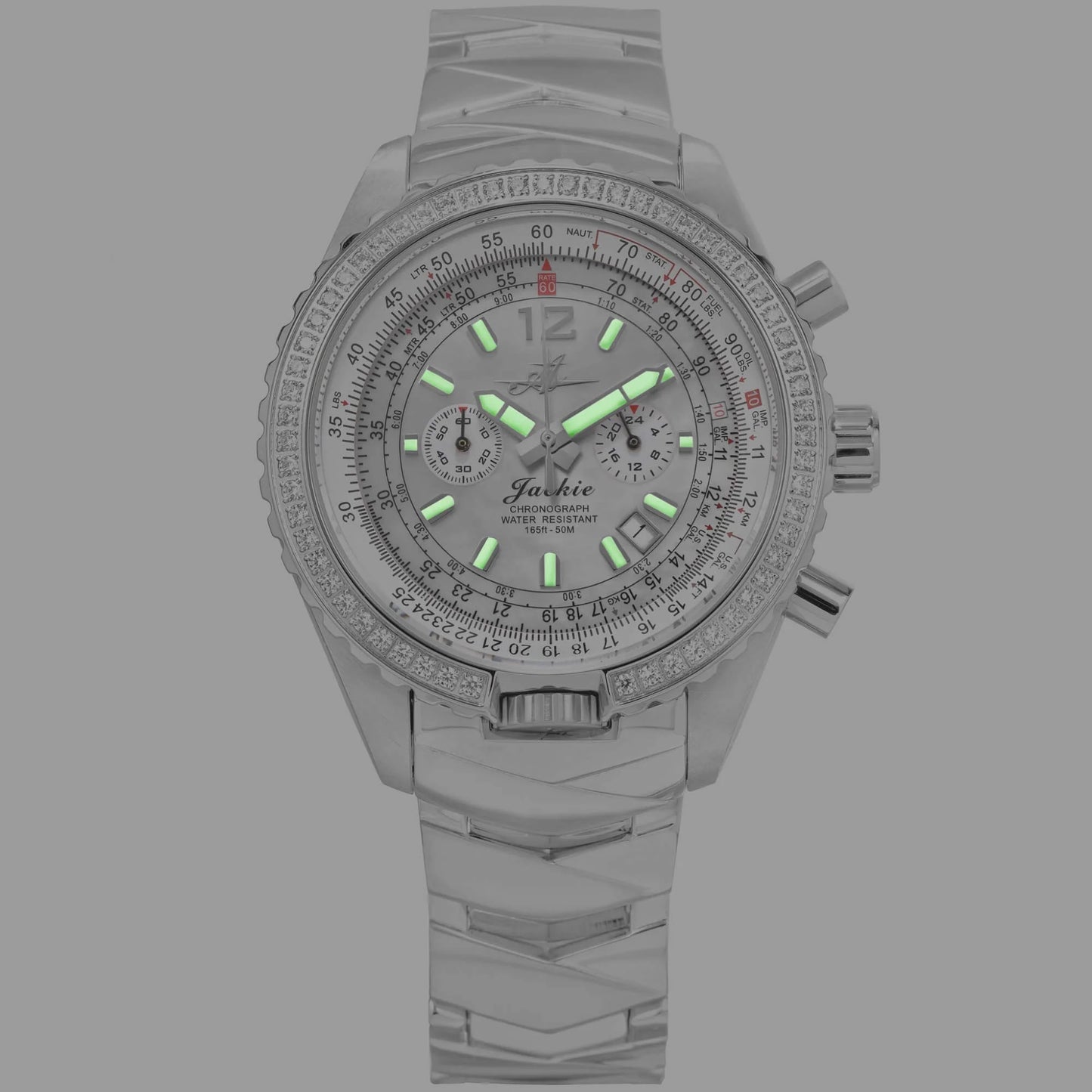 Jackie Dreamy White Women’s Pilot Watch with Super-Luminova Hands and Hour Markers, Mother-of-Pearl Dial, and Stainless Steel Band Glowing in Low Light