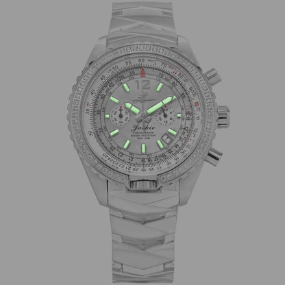 Jackie Dreamy White Women’s Pilot Watch with Super-Luminova Hands and Hour Markers, Mother-of-Pearl Dial, and Stainless Steel Band Glowing in Low Light