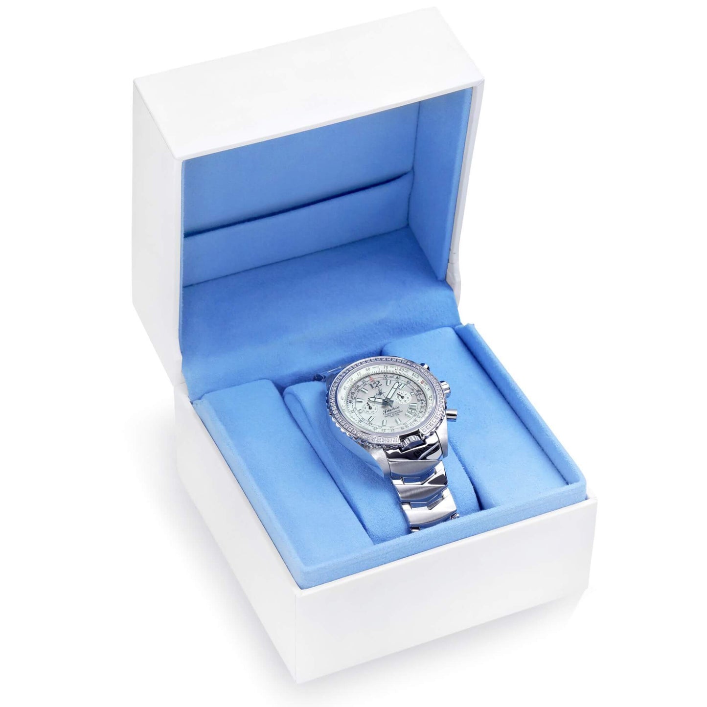 Jackie Women’s Pilot Watch in Gift Box with Dreamy White Mother-of-Pearl Dial, Swarovski Crystal Bezel, and Polished Stainless Steel Band