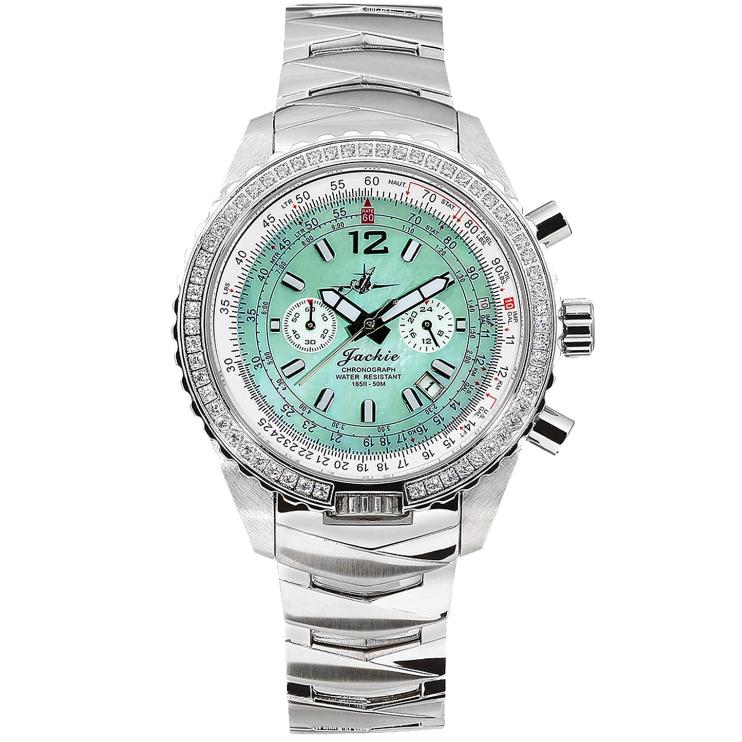 Jackie Women's Pilot Watch with Seaplane Green Mother-of-Pearl Dial, Swarovski Bezel, and Stainless Steel Band – Front View