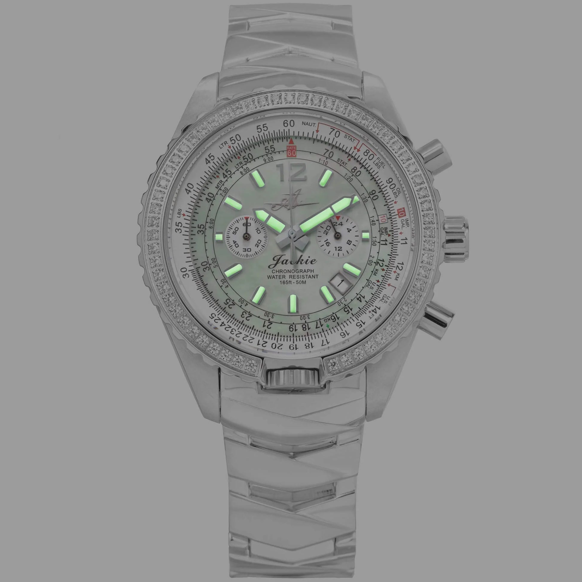 Jackie Seaplane Green Women’s Pilot Watch with Super-Luminova Hands and Markers Illuminated in Low Light – Stainless Steel Chronograph with Flight Computer