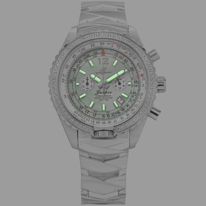 Jackie Seaplane Green Women’s Pilot Watch with Super-Luminova Hands and Markers Illuminated in Low Light – Stainless Steel Chronograph with Flight Computer