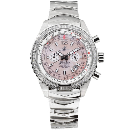 Jackie Women's Pilot Watch with Sunset Pink Mother-of-Pearl Dial, Stainless Steel Band, and Swarovski Flight Computer Bezel Chronograph