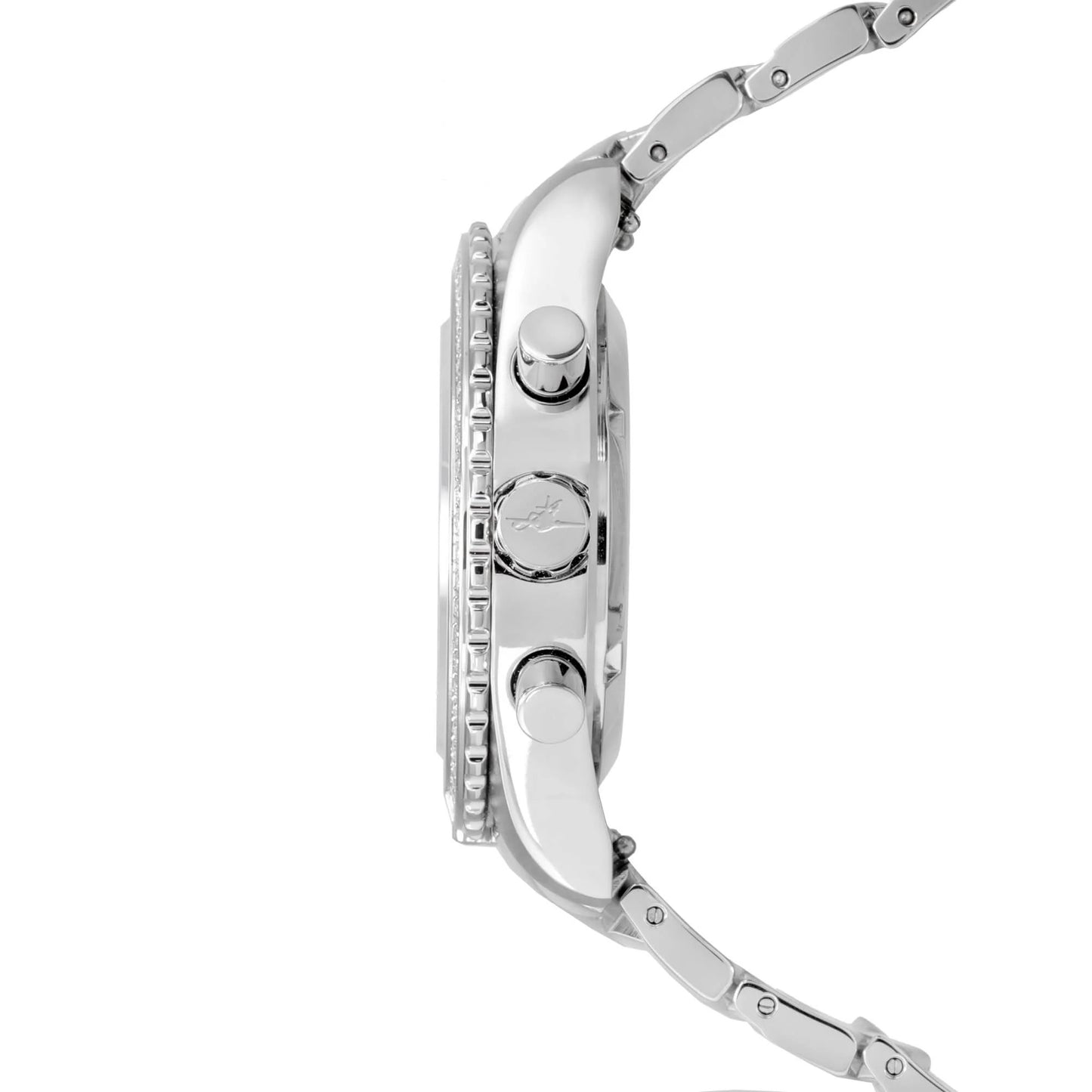 Side Profile of Jackie Women’s Pilot Watch with Sunset Pink Mother-of-Pearl Dial, Stainless Steel Case, and Swarovski Crystal Bezel