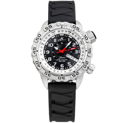 Jane “Covert” Women's Tactical Watch with Black Dial, Red Hands, Silver Stainless Steel Case, and Black Silicone Strap – Front View