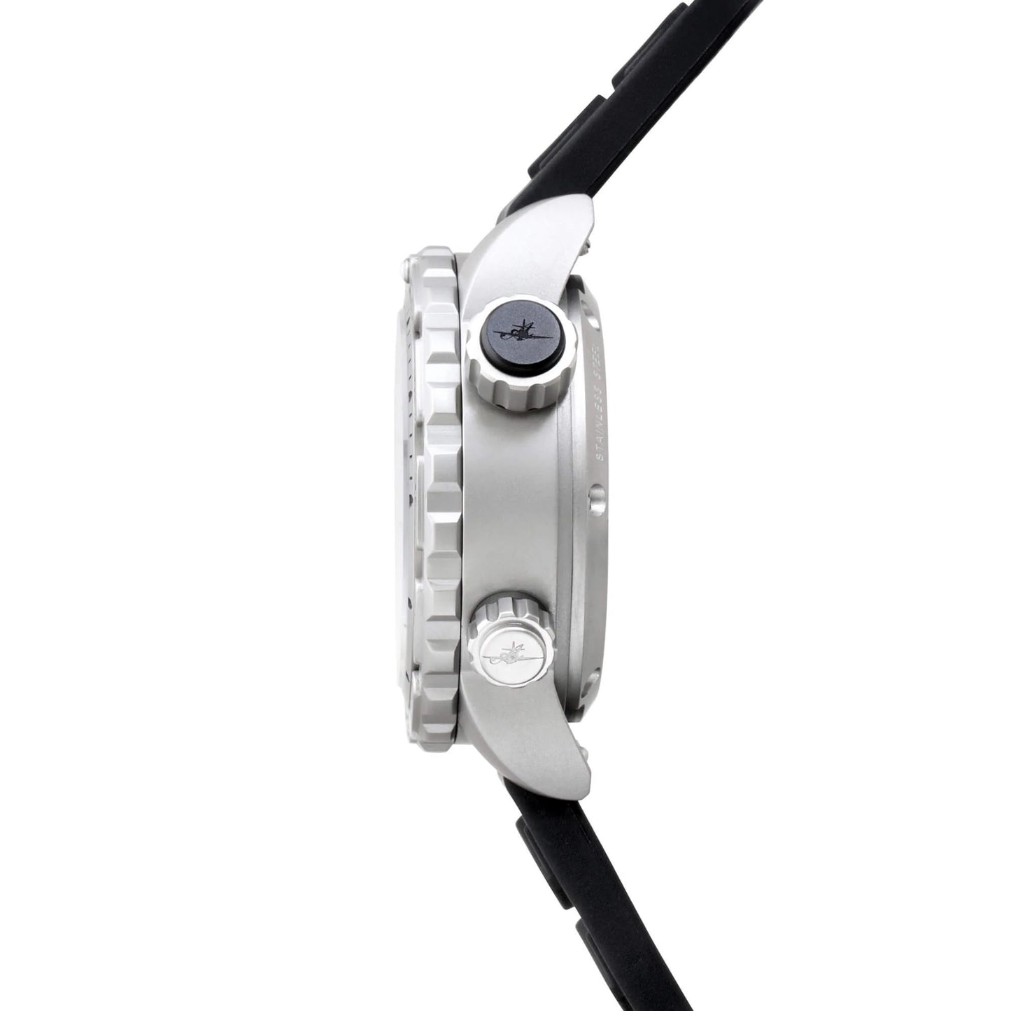 Side View of Abingdon Jane “Covert” Tactical Watch with Stainless Steel Case, Black Silicone Strap, and Dual Screw-Locked Crowns – American Quartz Movement
