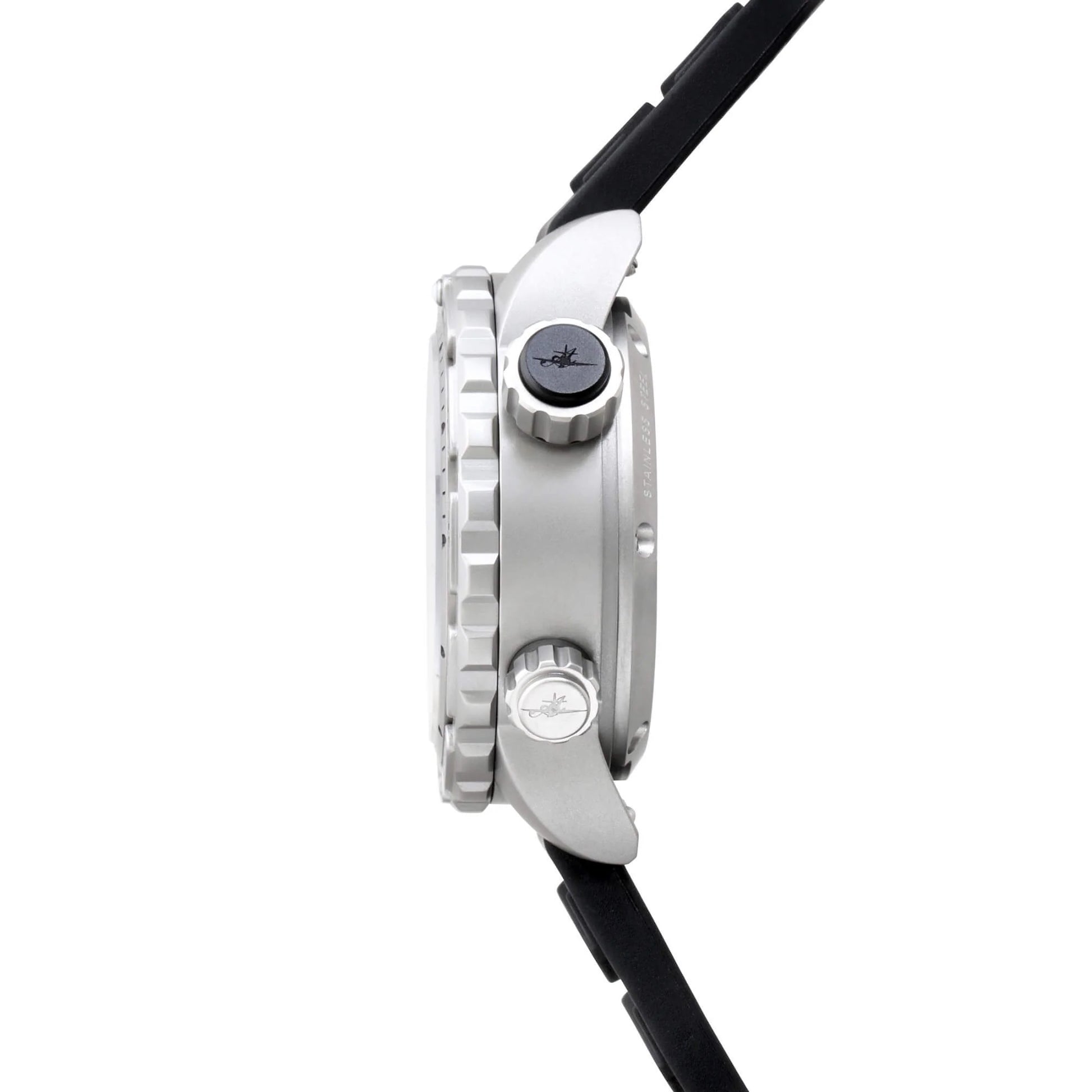 Side View of Abingdon Jane “Covert” Tactical Watch with Stainless Steel Case, Black Silicone Strap, and Dual Screw-Locked Crowns – American Quartz Movement