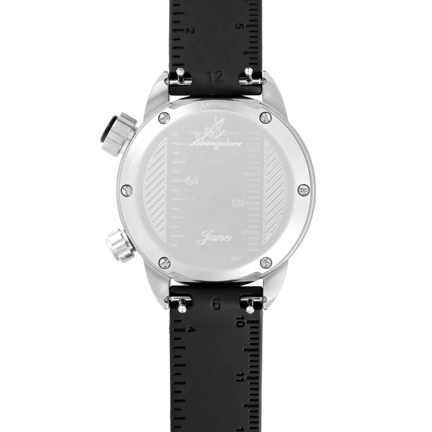 Back View of Abingdon Jane “Covert” Tactical Watch Featuring Stainless Steel Case, Built-In Strap Ruler, and Screw-Down Case Back with Etched Branding