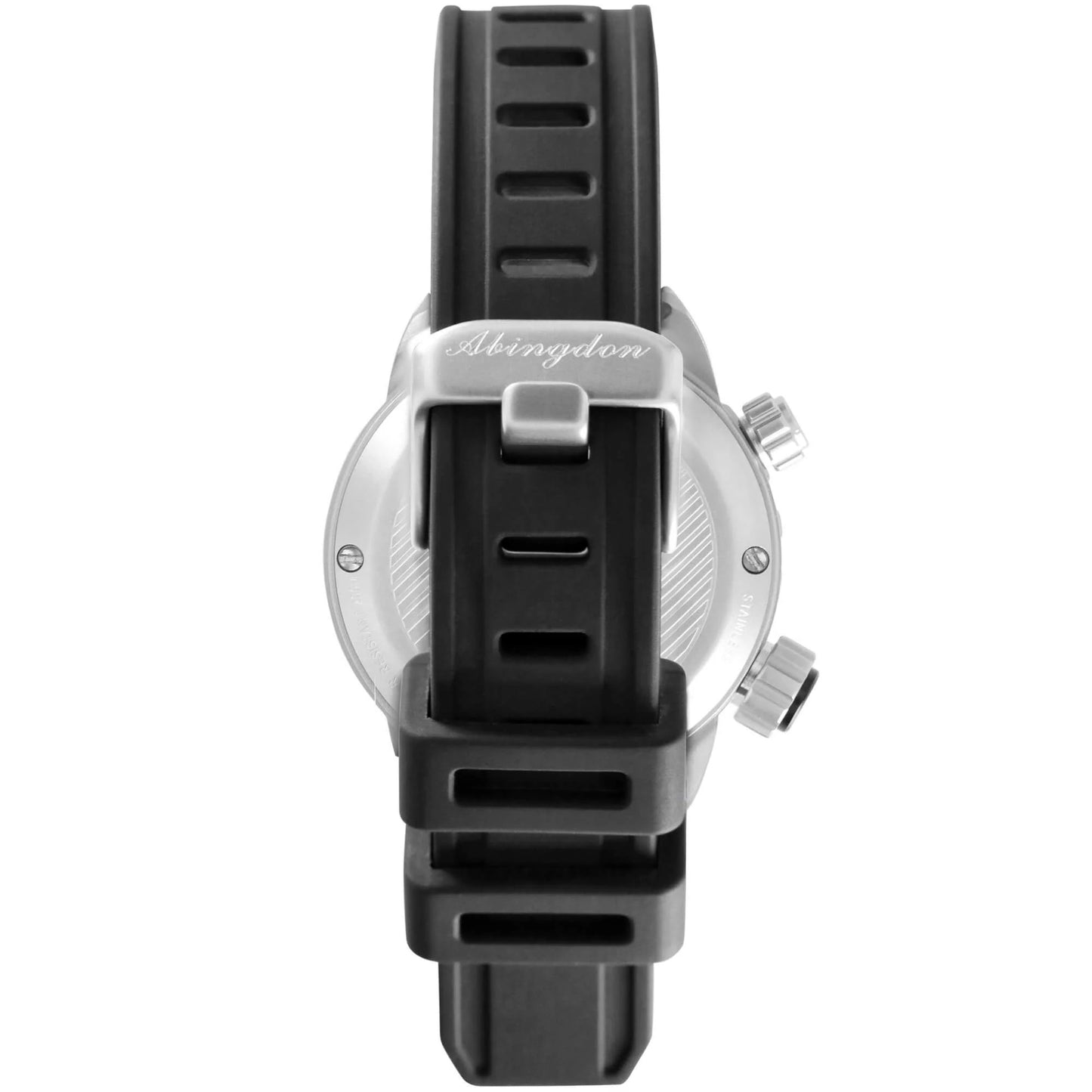 Back View of Abingdon Jane “Covert” Tactical Watch with Black Silicone Strap, Engraved Buckle, and Stainless Steel Case Back
