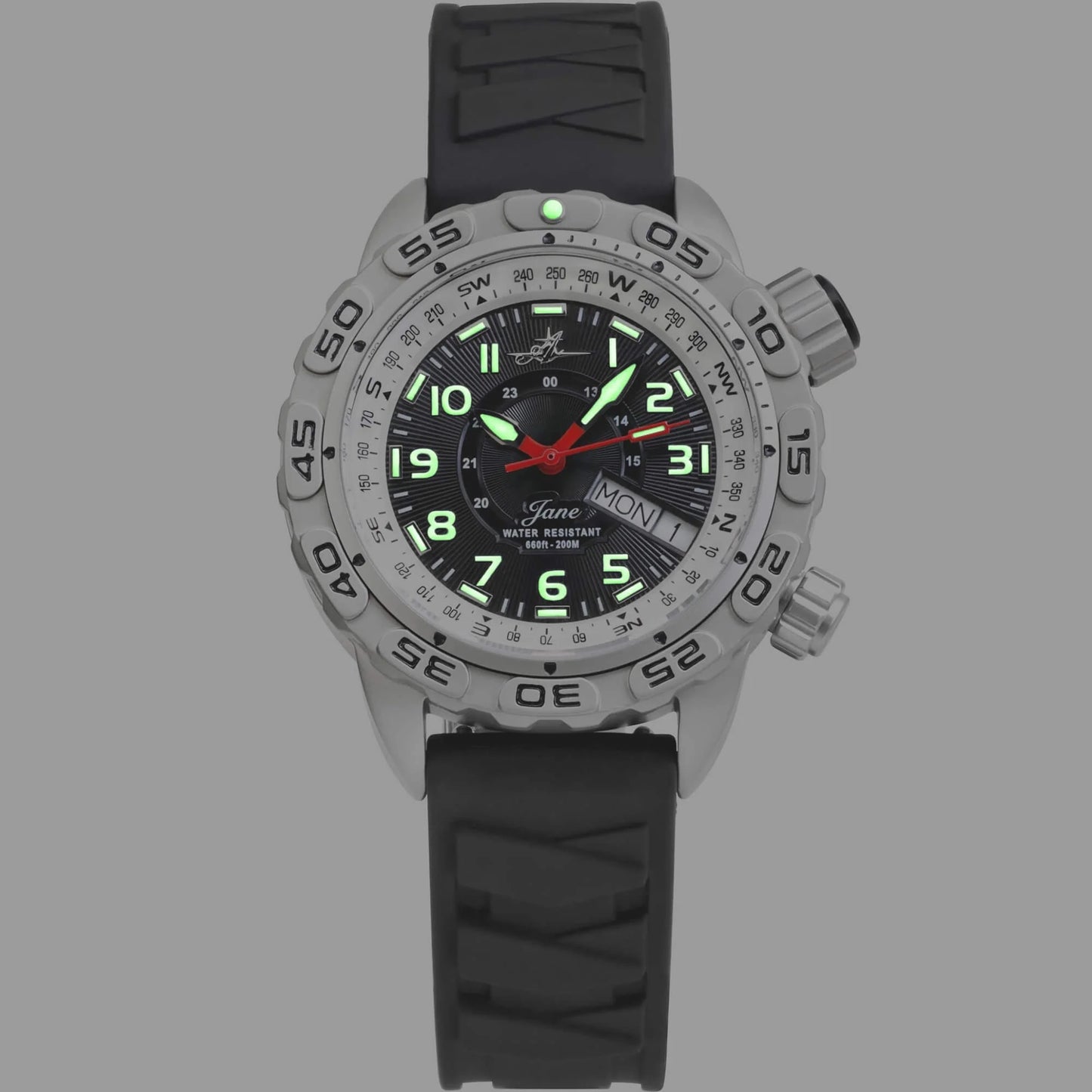 Abingdon Jane “Covert” Tactical Watch with Black Silicone Strap and Illuminated Lume Dial – Analog American Quartz Movement and 660ft Water Resistance