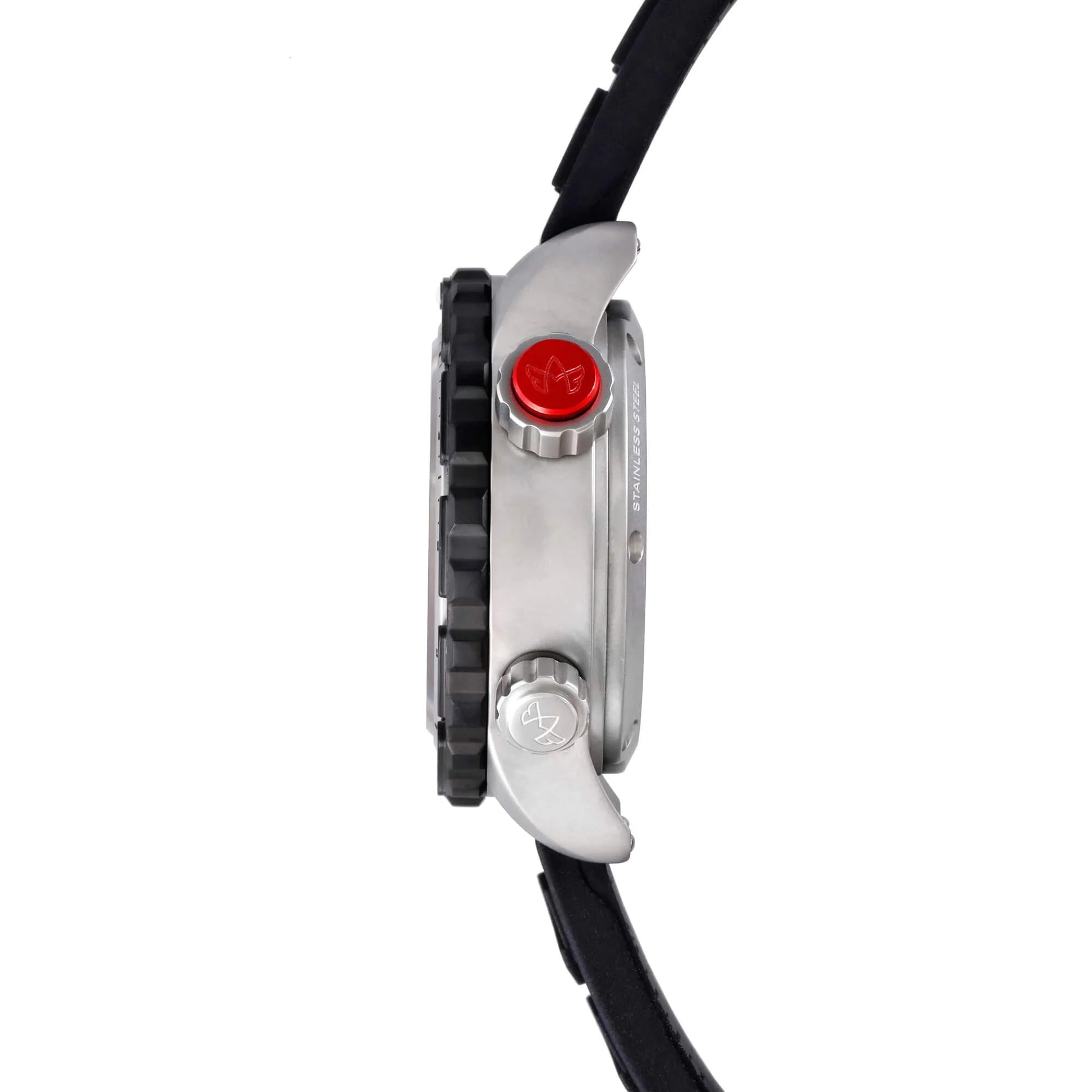 Side Profile of Abingdon Jane “Mission” Analog Tactical Watch with Red Crown, Black Rotating Bezel, and Black Silicone Strap