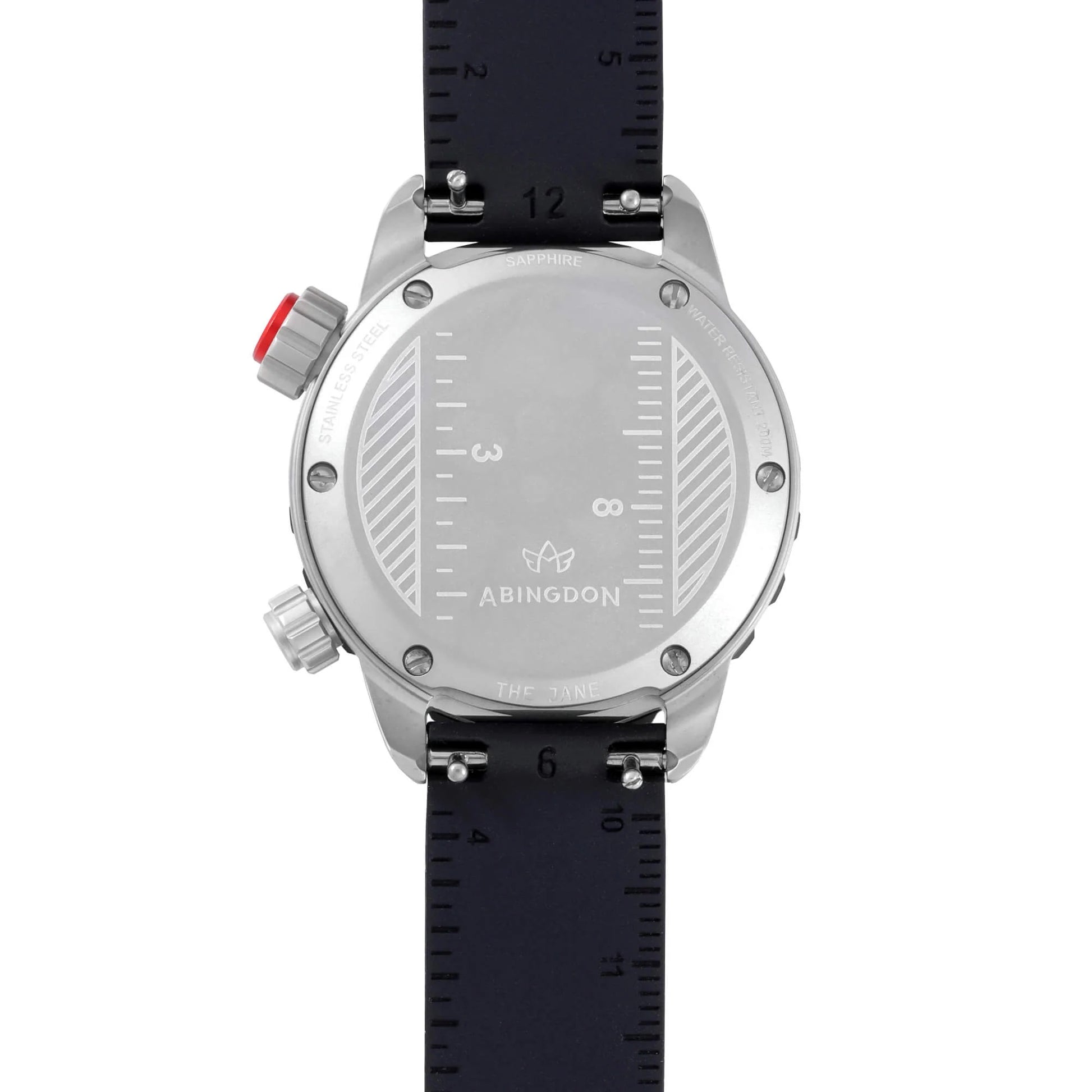 Case Back View of Abingdon Jane “Mission” Analog Tactical Watch Featuring Stainless Steel Engraving and Black Silicone Strap