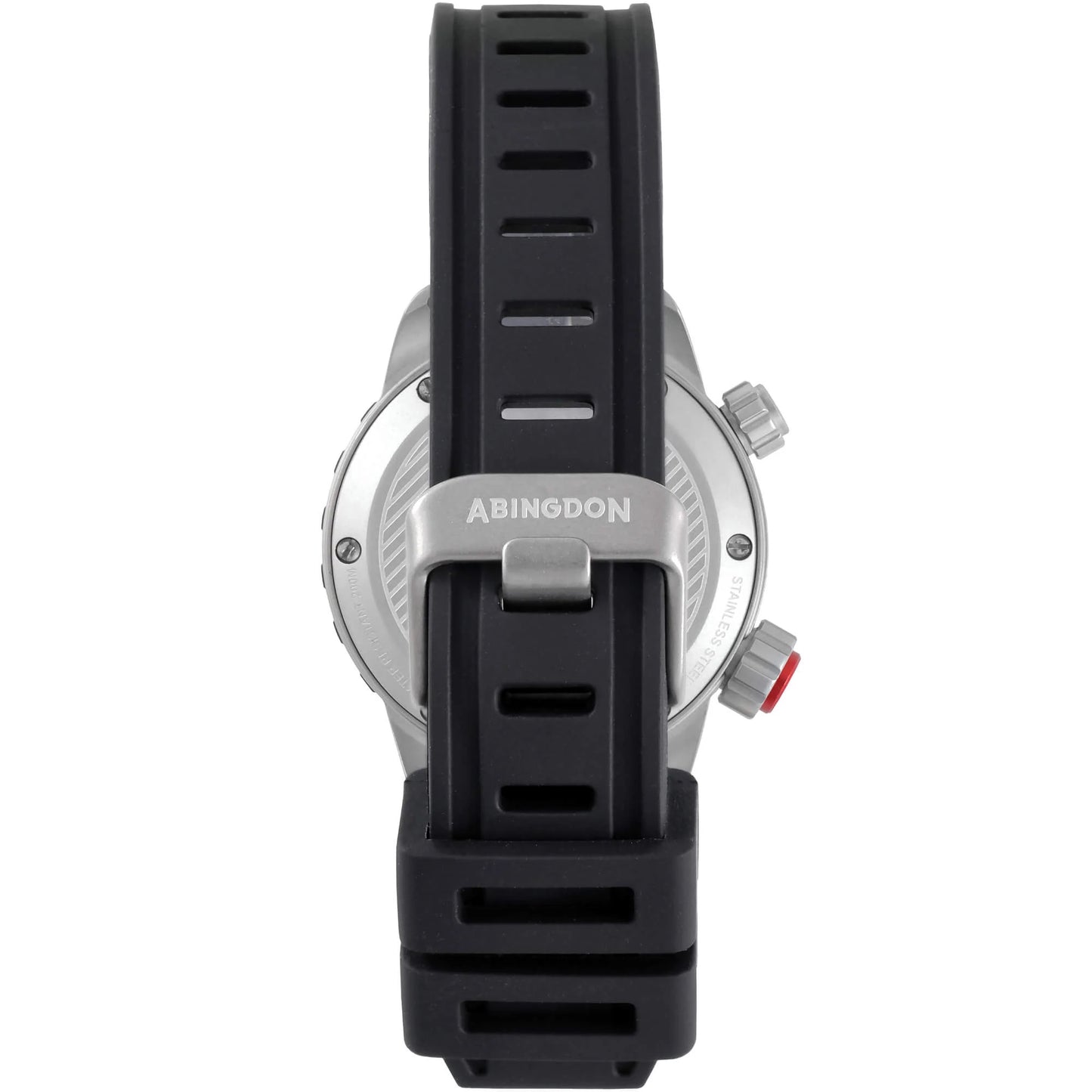 Rear View of Abingdon Jane “Mission” Tactical Watch Showcasing Black Silicone Strap and Engraved Stainless Steel Buckle