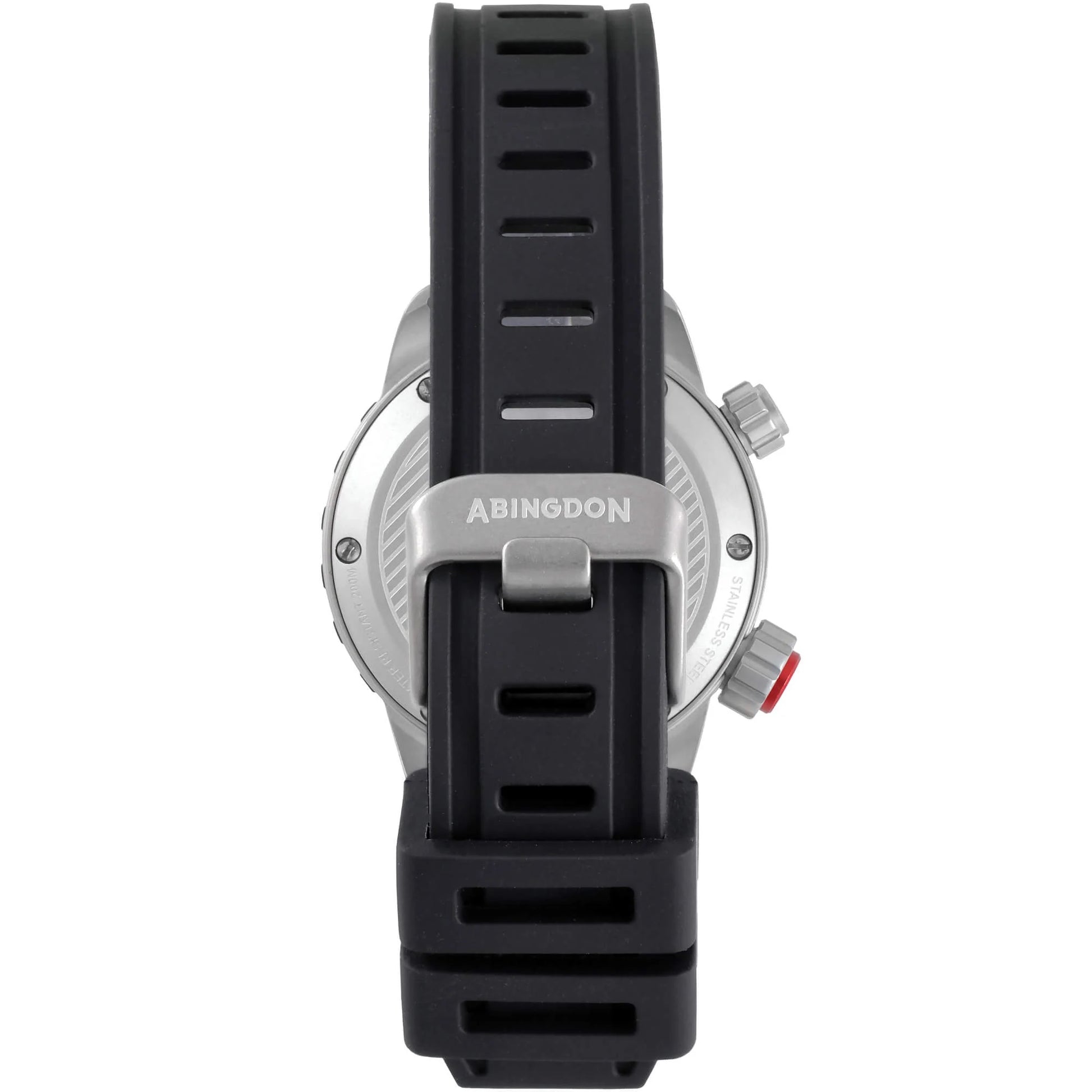 Rear View of Abingdon Jane “Mission” Tactical Watch Showcasing Black Silicone Strap and Engraved Stainless Steel Buckle