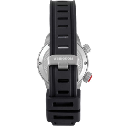 Rear View of Abingdon Jane “Mission” Tactical Watch Showcasing Black Silicone Strap and Engraved Stainless Steel Buckle