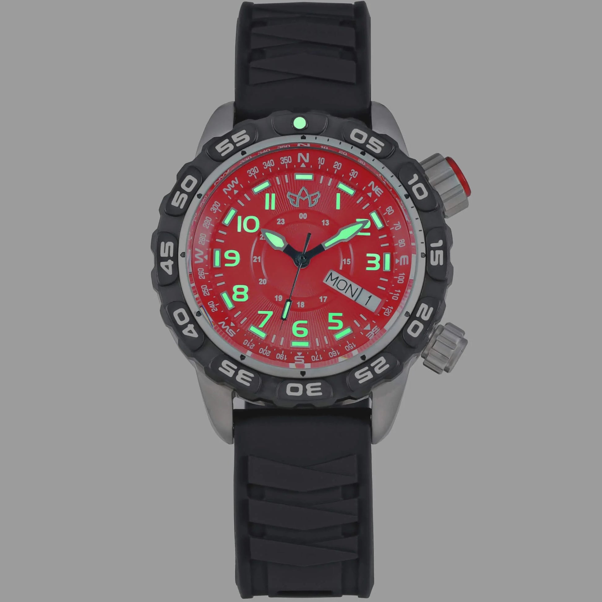Abingdon Jane “Mission” Tactical Watch with Red Dial Illuminated by Green Super-Luminova and Black Silicone Strap – Night View