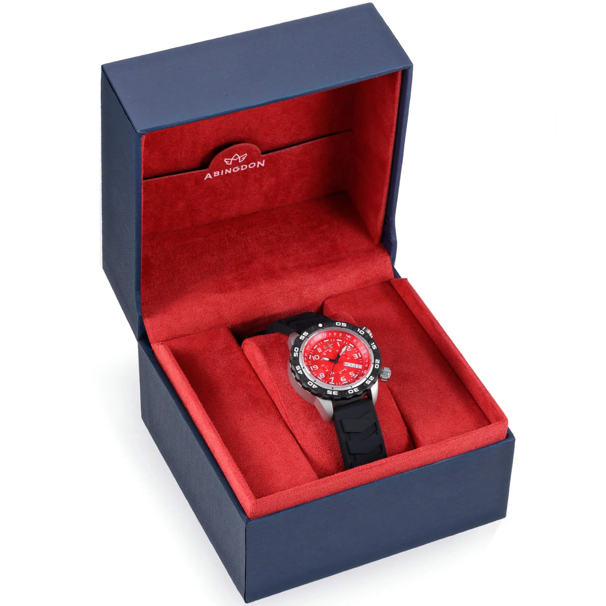 Abingdon Jane “Mission” Tactical Watch with Red Dial and Black Silicone Strap – Displayed in Navy and Red Collector’s Gift Box