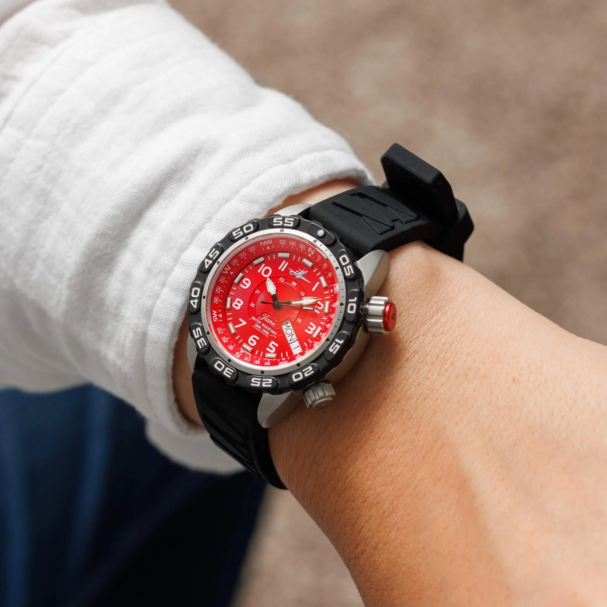 Abingdon Jane “Mission” Women’s Tactical Watch with Red Dial and Black Silicone Strap – Shown on Wrist