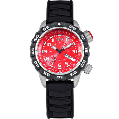 Abingdon Jane “Mission” Women’s Tactical Watch with Red Dial, Black Rotating Bezel, and Black Silicone Strap – Front View