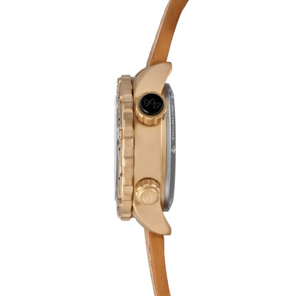 Jane Women's Tactical Watch “Outlaw” Side Profile View with Gold-Tone Stainless Steel Case, Textured Bezel, and Tan Leather Strap