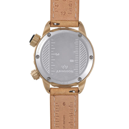 Back View of Jane Women's Tactical Watch “Outlaw” Featuring Etched Ruler on Caseback and Tan Leather Strap with Measurement Markings