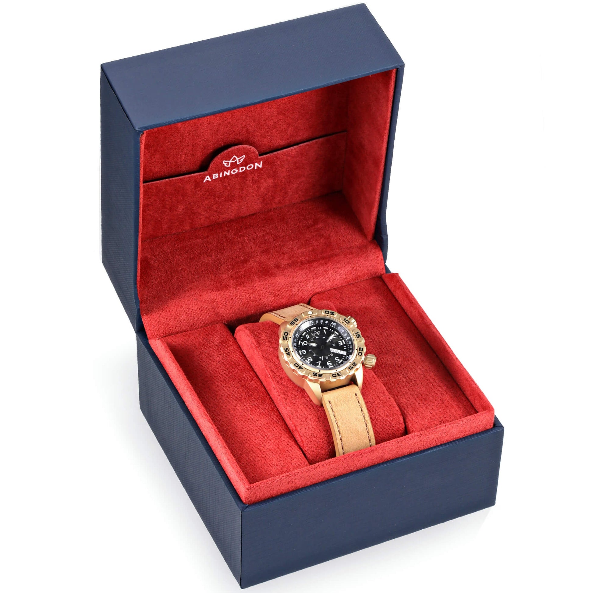 Jane Women's Tactical Watch “Outlaw” with Tan Leather Strap and Black Dial Displayed in Abingdon Signature Red and Navy Gift Box