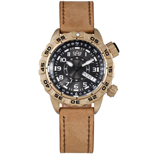 Jane Women's Tactical Watch “Outlaw” with Black Dial, Tan Leather Strap, Compass Bezel, and 660ft Water Resistance – Front View