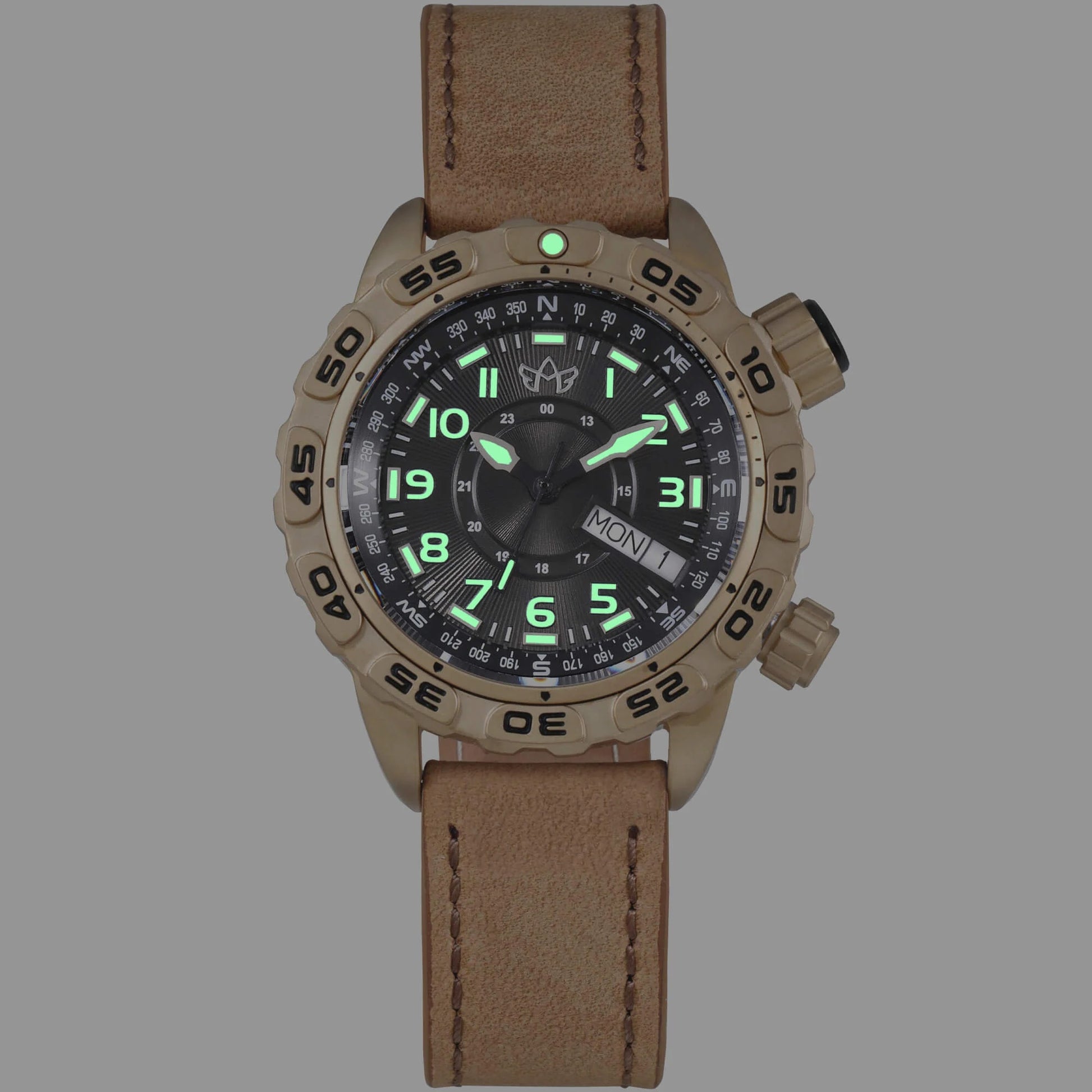 Jane Women's Tactical Watch “Outlaw” with Tan Leather Strap, Illuminated Luminous Hands and Markers, Black Dial with Compass Bezel (Night View)