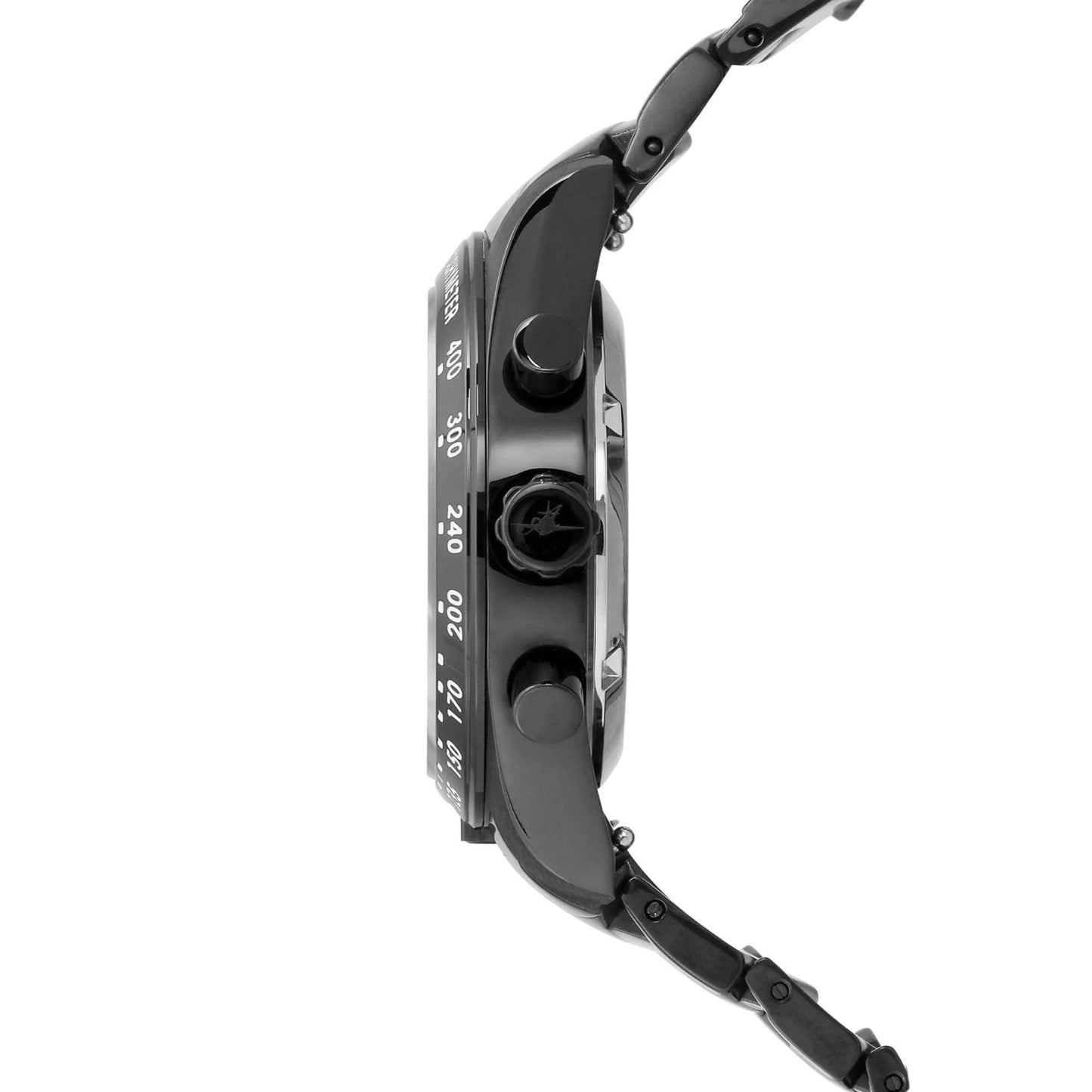 Side Profile of Jordan Women’s Pilot Watch with Black Stainless Steel Case, Tachymeter Bezel, and Chronograph Pushers