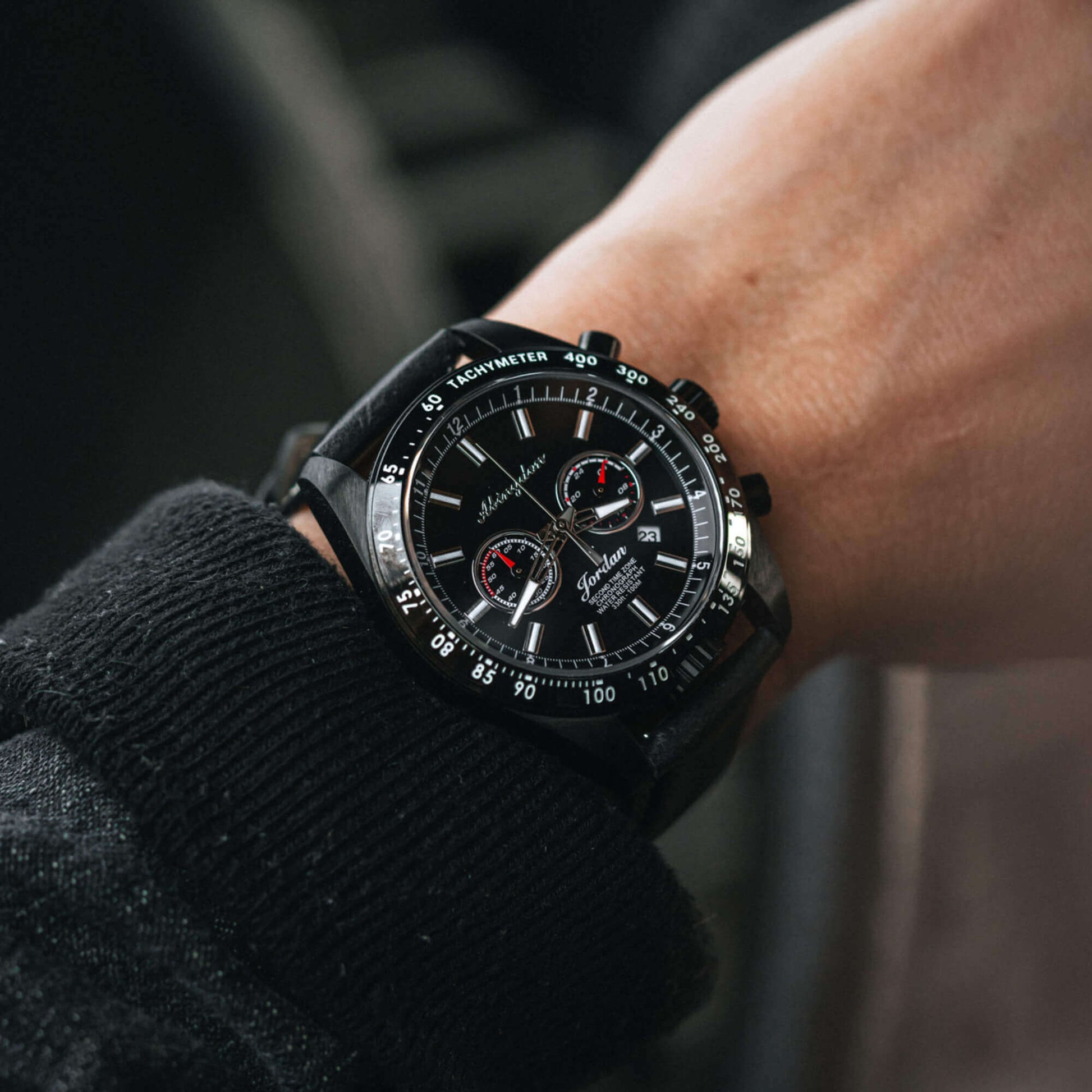 Jordan Women’s Pilot Watch with Black Dial and Stainless Steel Band, Shown on Wrist with Chronograph Stopwatch and Tachymeter Bezel
