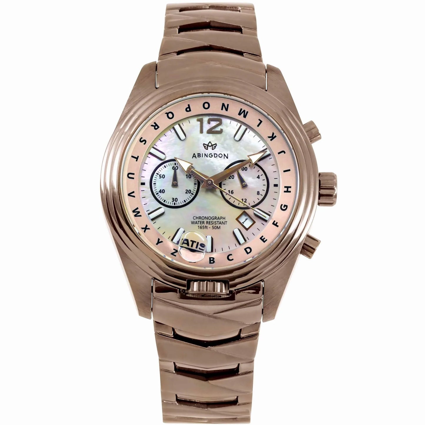 Katherine Women’s Pilot Watch with Chocolate-Toned Mother-of-Pearl Dial, Rose Gold Stainless Steel Band, and ATIS ALPHABezel Chronograph