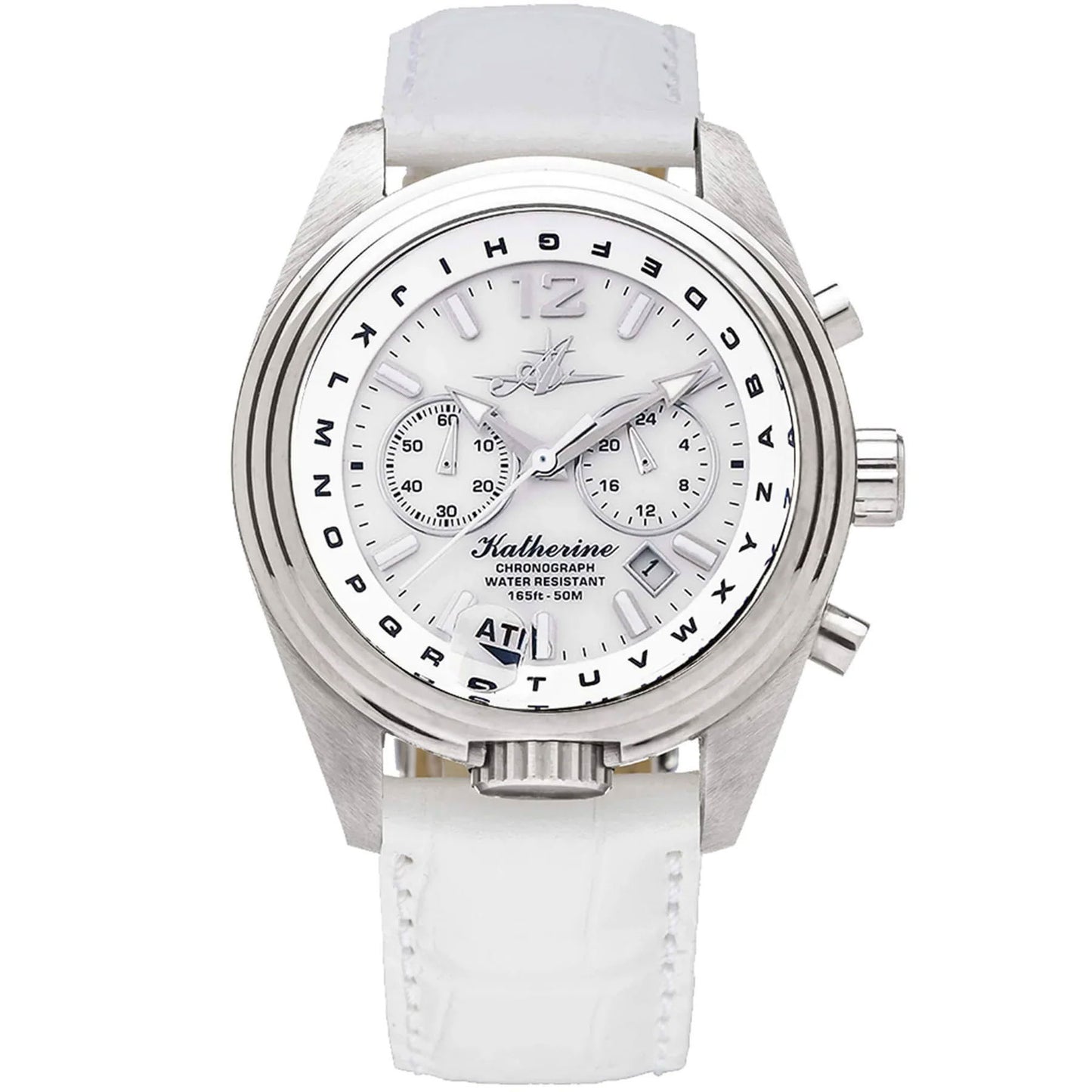 Katherine Women’s Pilot Watch with Pearl White Mother-of-Pearl Dial, White Leather Strap, and ATIS ALPHABezel