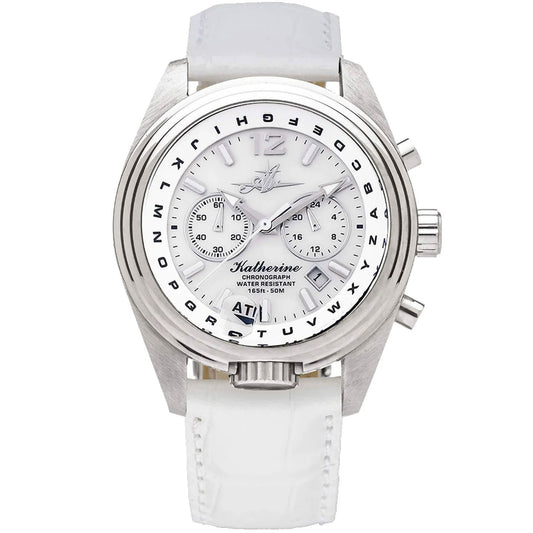 Katherine Women’s Pilot Watch with Pearl White Mother-of-Pearl Dial, White Leather Strap, and ATIS ALPHABezel