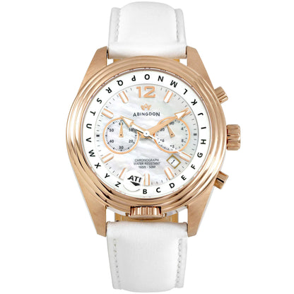 Katherine Women’s Pilot Watch with Rose Gold Case, White Mother-of-Pearl Dial, White Leather Strap, and ATIS ALPHABezel Chronograph