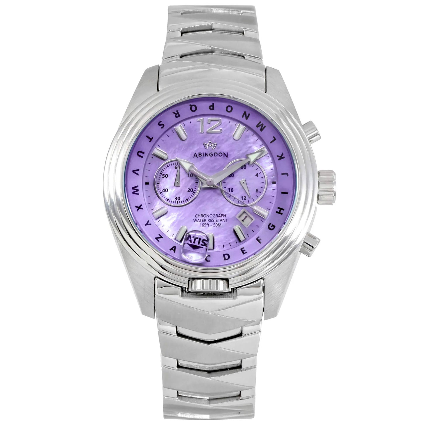 Katherine Royale Women’s Pilot Watch with Purple Mother-of-Pearl Dial, Stainless Steel Band, and ATIS ALPHABezel Chronograph
