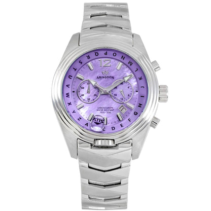 Katherine Royale Women’s Pilot Watch with Purple Mother-of-Pearl Dial, Stainless Steel Band, and ATIS ALPHABezel Chronograph
