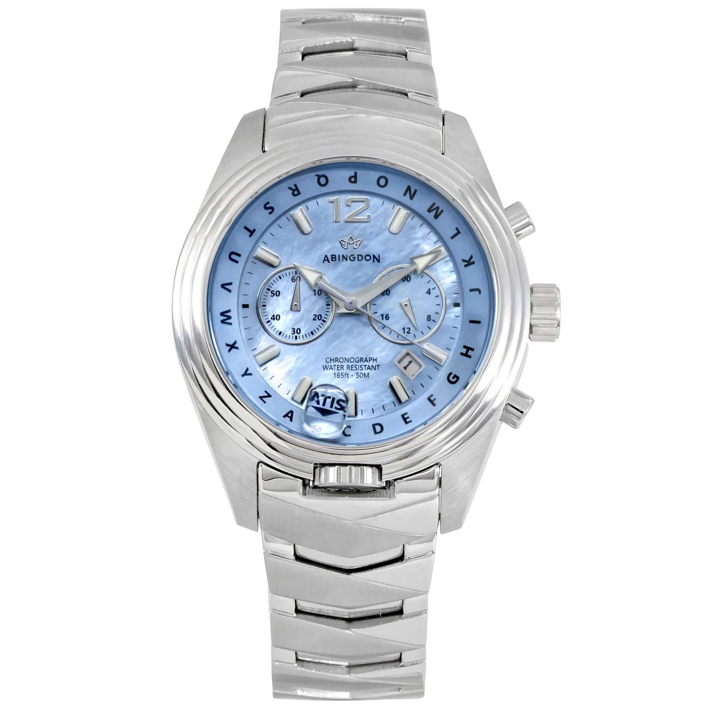 Katherine Women’s Pilot Watch with Sky Blue Mother-of-Pearl Dial, Stainless Steel Band, and ATIS ALPHABezel Chronograph