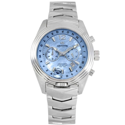 Katherine Women’s Pilot Watch with Sky Blue Mother-of-Pearl Dial, Stainless Steel Band, and ATIS ALPHABezel Chronograph