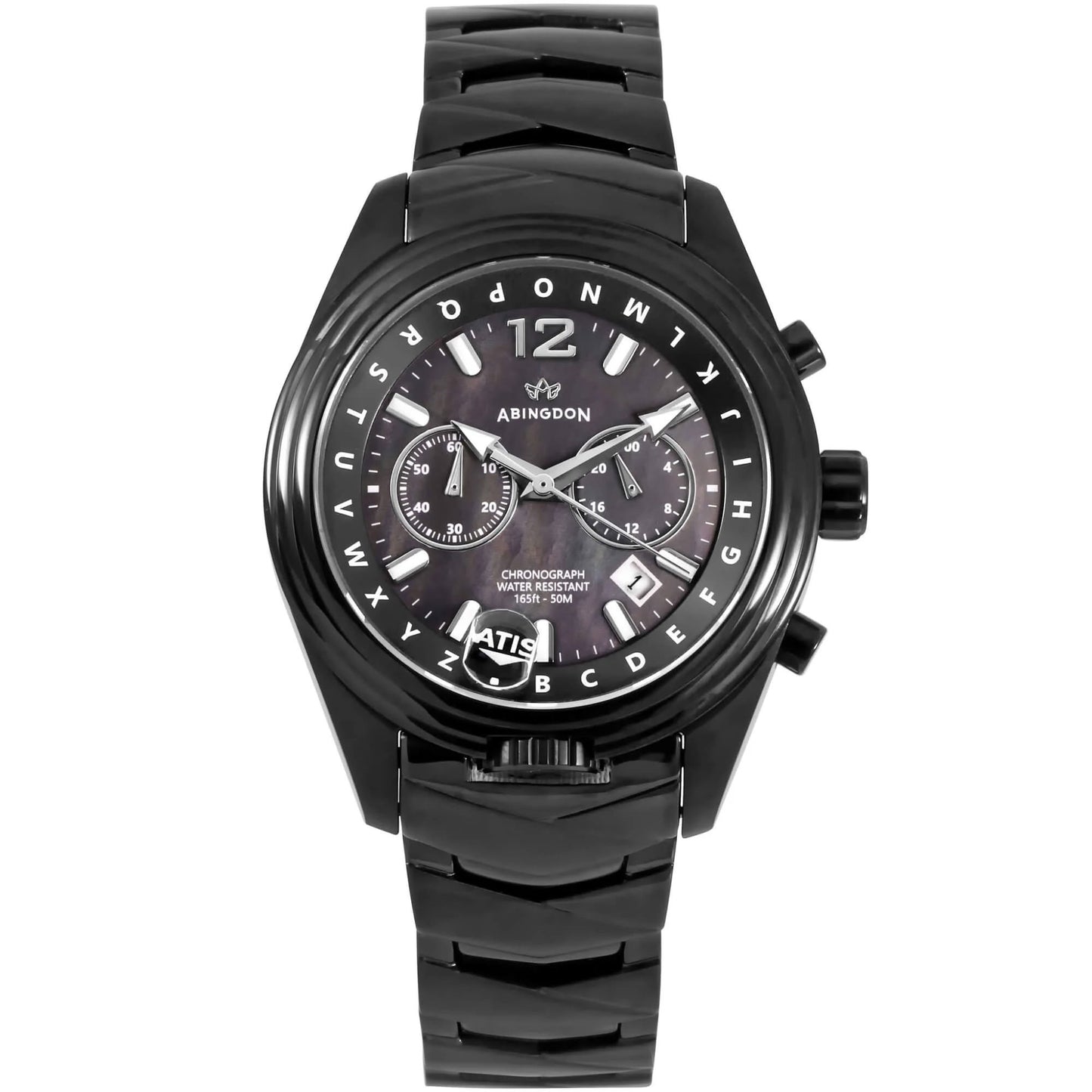 Katherine Women’s Pilot Watch with Black Mother-of-Pearl Dial, Black Stainless Steel Band, and ATIS ALPHABezel Chronograph
