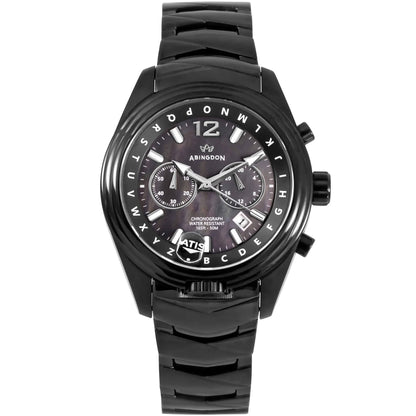 Katherine Women’s Pilot Watch with Black Mother-of-Pearl Dial, Black Stainless Steel Band, and ATIS ALPHABezel Chronograph