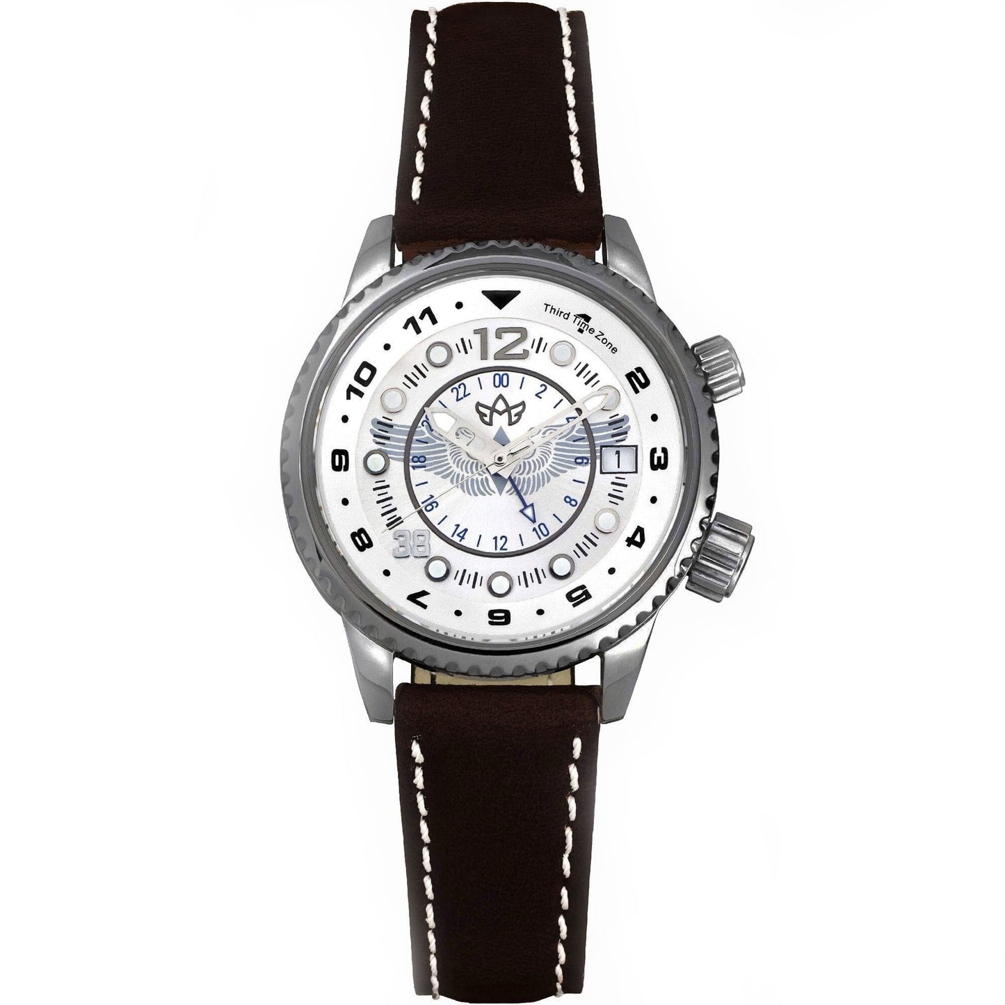 WASP Gunmetal Limited Edition Women’s GMT Watch with Stainless Steel Case, Mother-of-Pearl Dial, and Dark Brown Leather Strap