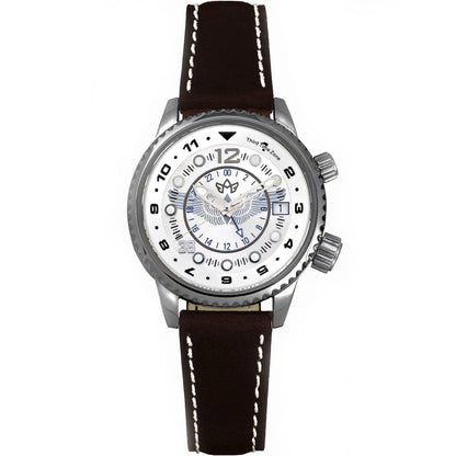 WASP Gunmetal Limited Edition Women’s GMT Watch with Stainless Steel Case, Mother-of-Pearl Dial, and Dark Brown Leather Strap