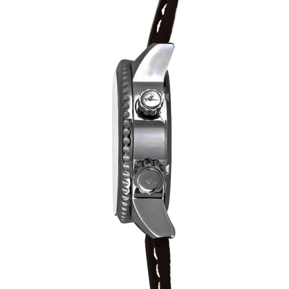 Side View of WASP Gunmetal Limited Edition GMT Watch with Polished Case, Fluted Bezel, and Dual Crowns on Dark Brown Leather Strap