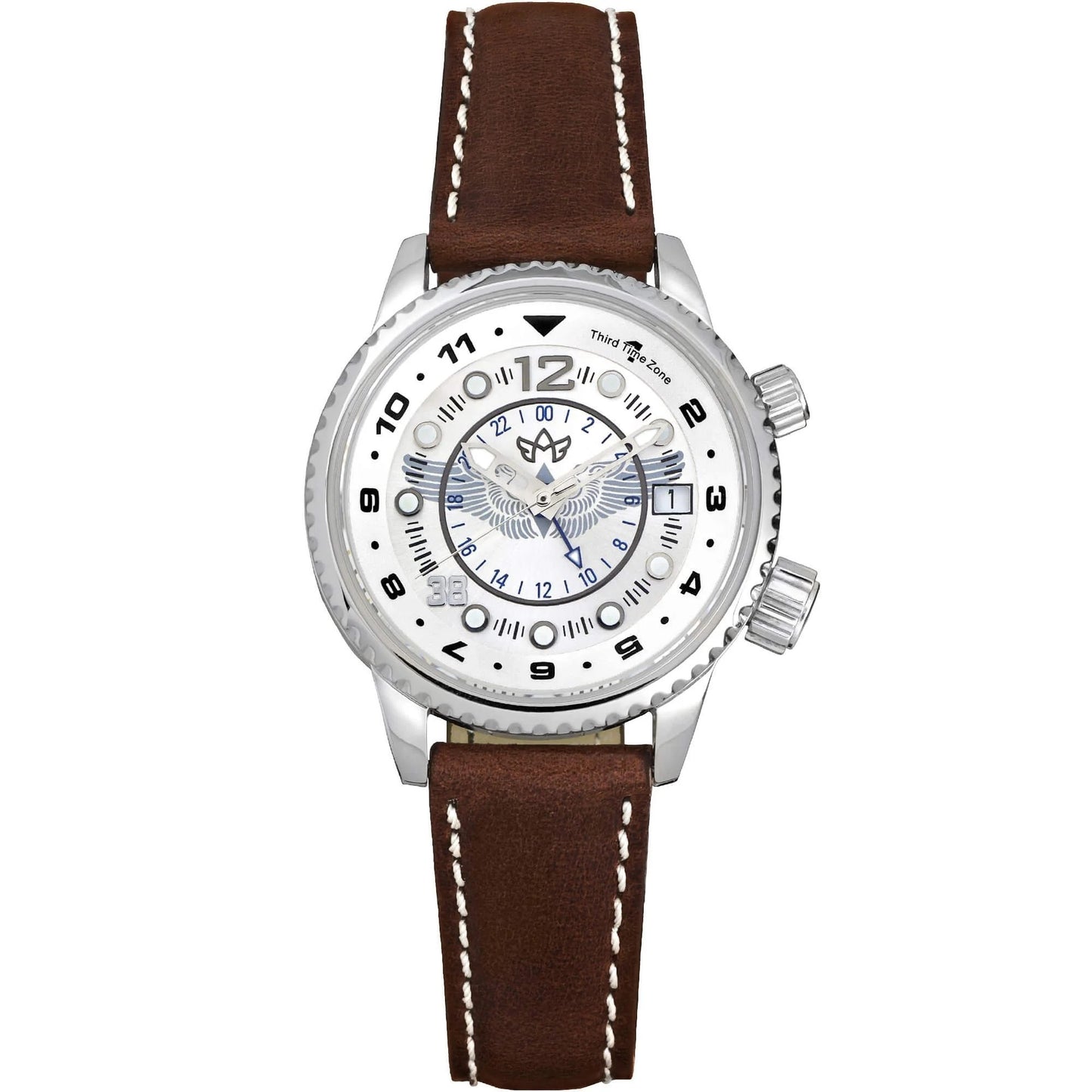 WASP Silver Limited Edition Women’s GMT Watch with Stainless Steel Case, Mother-of-Pearl Dial, and Dark Brown Leather Strap