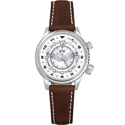 WASP Silver Limited Edition Women’s GMT Watch with Stainless Steel Case, Mother-of-Pearl Dial, and Dark Brown Leather Strap